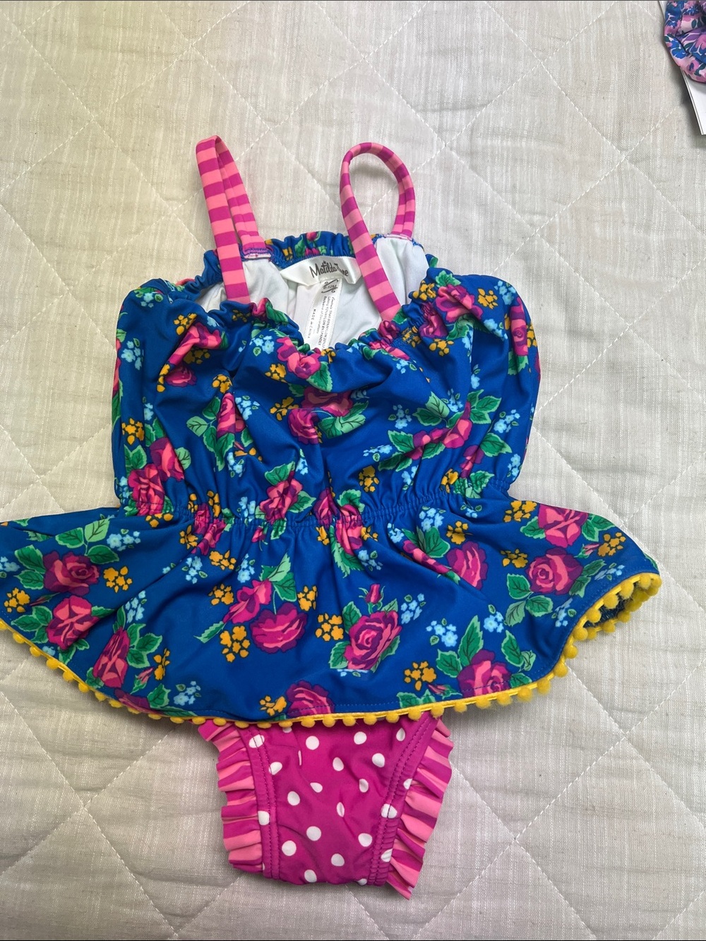Matilda Jane Bright Blue Floral One-Piece Swim with Pink Polka Dot Bottom